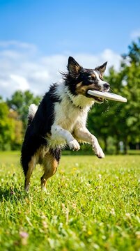 Black and white Corgi mix dog catching wooden stick mid-air on sunny green lawn. Active pet playing fetch outdoors in park setting for recreation and exercise.