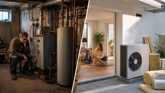 Outdated boiler cellar and insulated low energy house