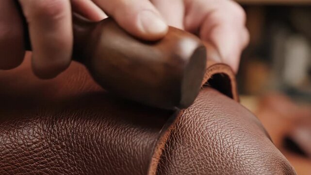 Craftsman Hands Burnishing Brown Leather Edge with Wooden Slicker Tool