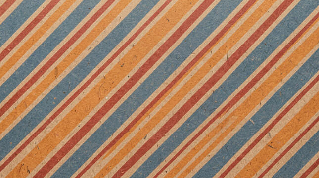 Vibrant striped kraft paper texture for packaging design. Colorful handmade paper background with red, blue, and orange diagonal lines.