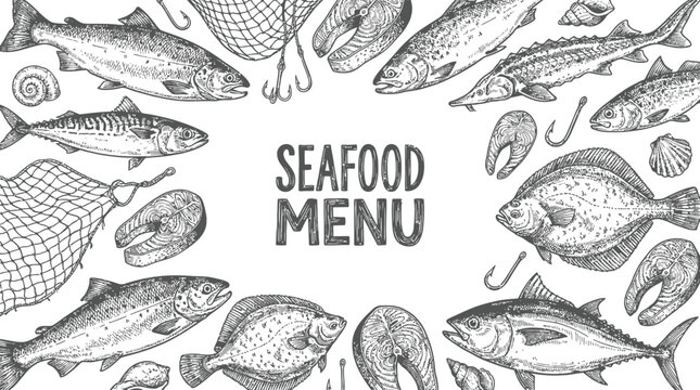 Hand Drawn Seafood Collection Featuring Vintage Fish Sketch Illustrations and Marine Life Elements Set for Restaurant Menu Frame Design Engraving Style Vector Graphics