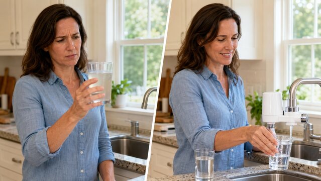 Cloudy faucet water and bright filtered drink