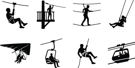 Adventure sports and outdoor high ropes course activity silhouette icons set for active lifestyle concept © mdAl