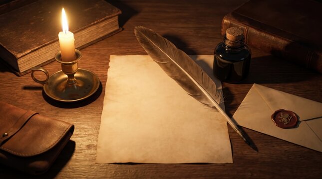 Vintage feather quill and ink bottle on parchment. Classic writing tools for calligraphy and letter writing.