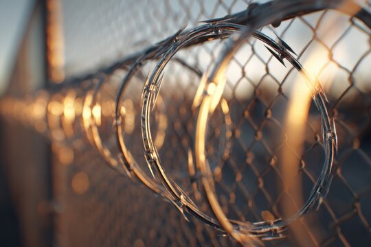 Glowing metal coils of barbed wire wrapped along a chain-link fence with a warm sunset background creating a strong sense of security and boundary protection