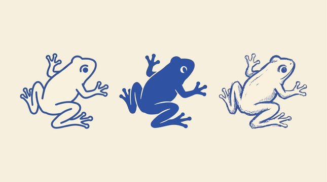 Artistic set of three stylized frog icon design featuring distinct outline silhouette, solid black glyph, and organic hand drawn sketch style for versatile nature wildlife graphic project.