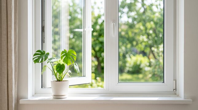 Ventana moderna de PVC blanca abierta hacia un jard&iacute;n verde con planta en el alf&eacute;izar. Concepto de renovaci&oacute;n del hogar y ventilaci&oacute;n..