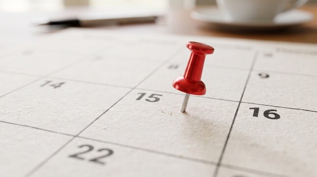 Red pushpin marking the 15th day on a desk calendar. Concept of deadline, appointment reminder, and time management