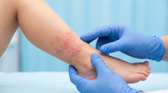 Pediatrician doctor in blue gloves examining a severe red allergic rash and eczema on a child's leg. Skin disease and pediatric healthcare concept