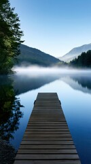 Fototapeta premium Serene wooden pier extending into a calm lake surrounded by misty mountains and lush greenery under a clear blue sky at dawn