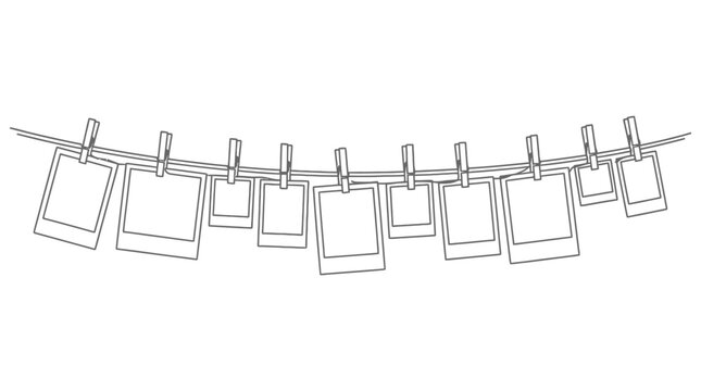 Minimalist continuous line art of eleven blank photograph frames suspended on a cord using wooden laundry clips, elegant monochrome sketch representing memories or a gallery wall concept.
