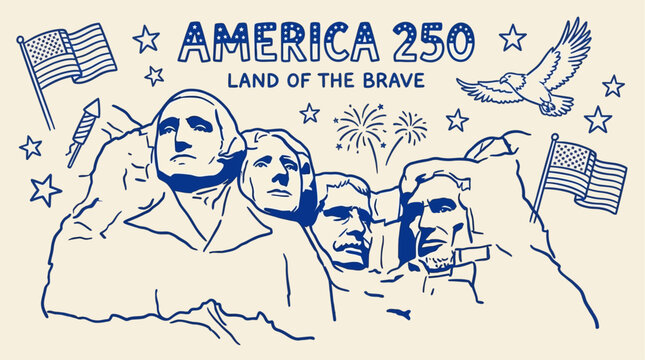 Artistic Illustration of Mount Rushmore National Memorial for America 250th Anniversary, Patriotic Landmark Celebrating the Land of the Brave and Freedom with Sculpted Presidential Portrait.