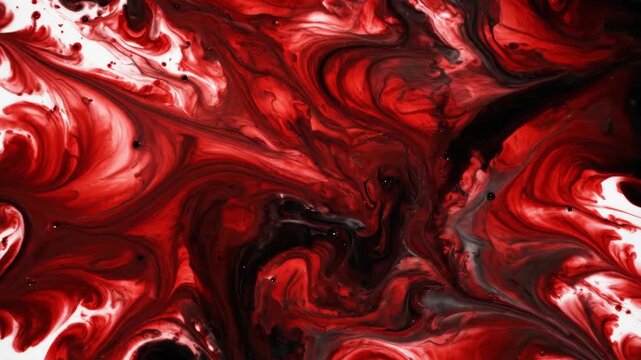 Chaotic Swirling Red and Black Ink Bleeding Across White Background in Abstract Fluid Motion