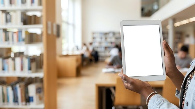 Person of African descent holding tablet with blank screen in library setting, suitable for technology, education, and digital content mockups.