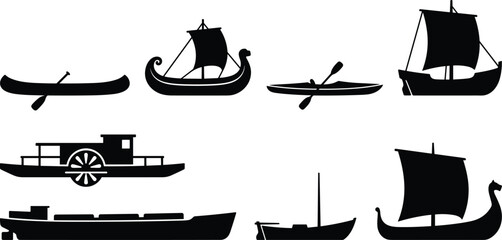 WHistorical boat and ship silhouette vector set featuring ancient longboat canoe sailboat and cargo bargeb © Al Mamun