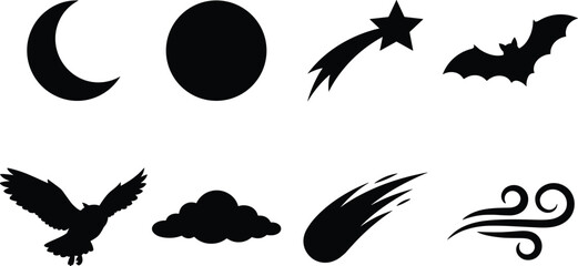 Night sky and halloween elements silhouette icon set featuring moon shooting star bat and owl on white background © Al Mamun