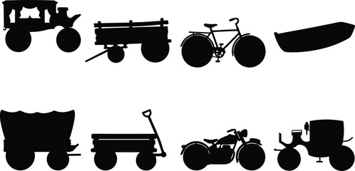Vintage Transportation Vector Icon Set with Horse Carriage Bicycle Boat and Retro Motorcycle Silhouettes © Al Mamun