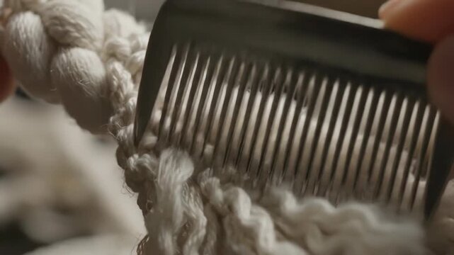 Metal Comb Brushing Thick White Macrame Cord to Create Soft Wavy Fringe Texture