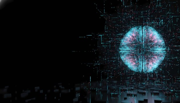Digital brain hologram glowing in cyber space. Futuristic AI neural network interface with data streams and glowing nodes.