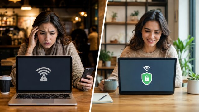 Public hotspot risk and calm encrypted cafe workspace