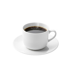 Obraz premium transparent glossy ceramic coffee mug with rich black coffee and rising steam, on a matching saucer, isolated on transparent background with copy space, soft lighting. Concept for coffee