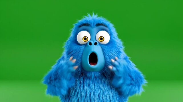 Green Screen Blue Furry Monster Transitioning From Angry to Surprised