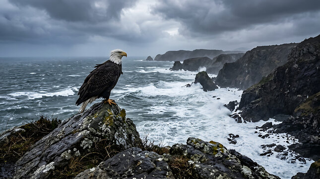 Majestic bald eagle perched on a rocky coastline overlooking the stormy ocean waves.