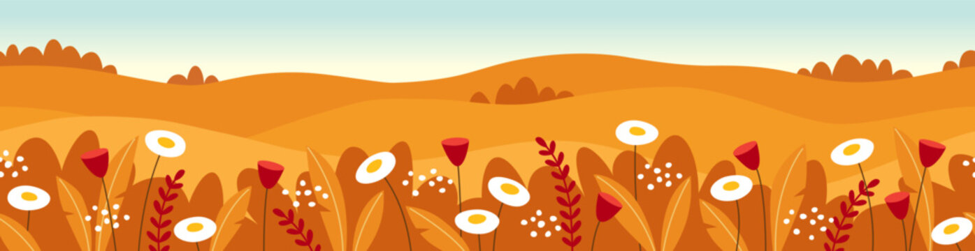 Autumn landscape illustration with fields and flowers. Fall season seamless floral border, banner or background in vector.