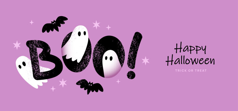 Halloween banner with cute ghosts, bats and BOO lettering.