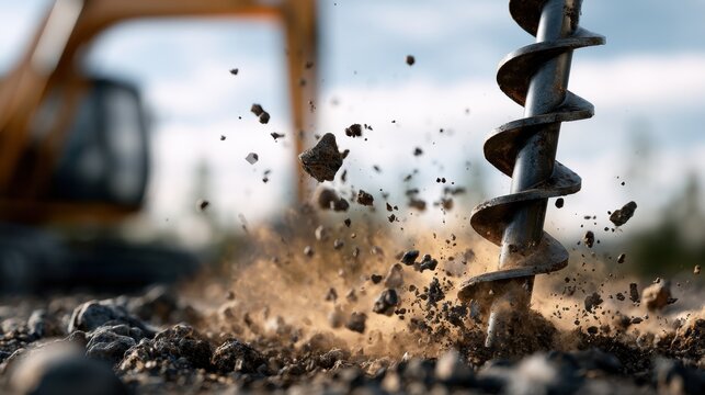 Heavy-duty auger drill breaking through rocky ground with flying debris during an intense construction site excavation process on a sunny day