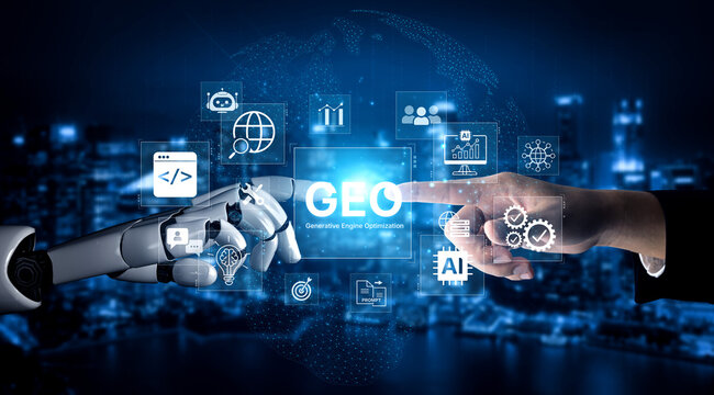 Digital marketing concept featuring GEO strategy, optimizing content for AI search engines and large language models. Evolution of SEO, brand authority, and AI citation visibility. Corpus