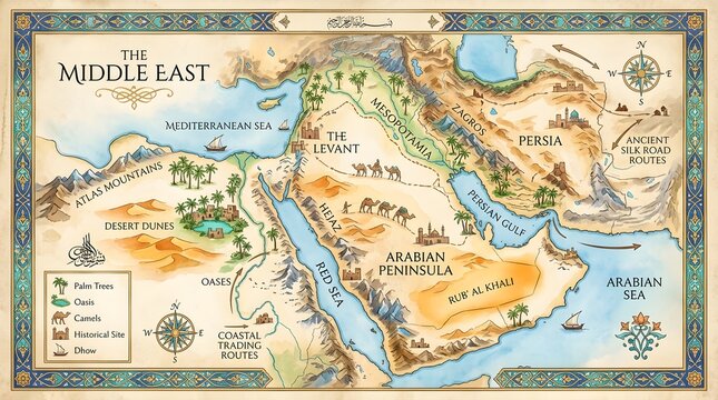 Vintage Hand-Drawn Middle East Map Illustration with Arabic Borders