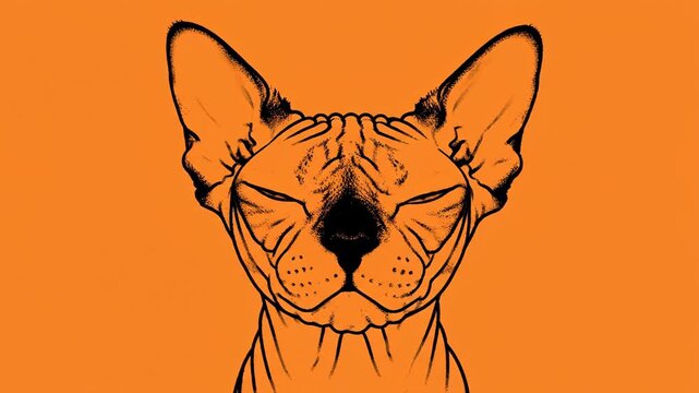 Minimalist Line Art of a Sphynx Cat Blinking on a Solid Orange Background