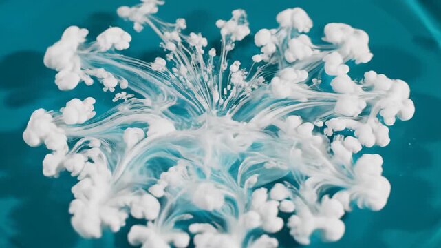 White Ink Expanding in Blue Liquid Resin Forming Intricate Branching Tendrils