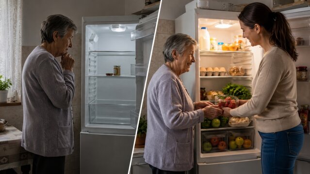 Empty refrigerator and volunteer grocery support for senior woman