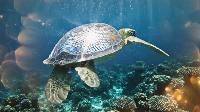 Sea Turtle with Mirrored Disco Ball Shell Swimming Underwater over Coral Reef