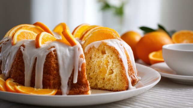 Moist citrus bundt cake with creamy icing topped with fresh orange slices served on a white plate for an elegant dessert presentation