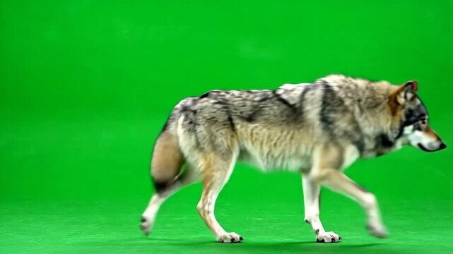 Green Screen of Wild Grey Wolf Walking and Looking Around on Flat Chroma Key Background