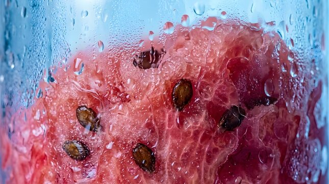 Macro view of red watermelon fruit pulp and seeds behind cold glass with condensation droplets