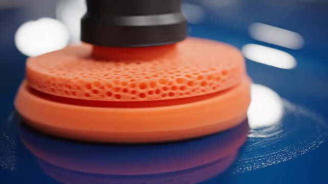 Orange Foam Polishing Pad Spinning During Auto Detailing on Blue Car