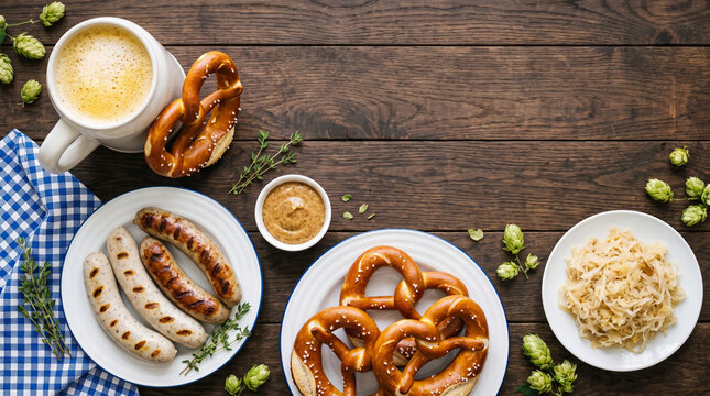 Flat lay of Bavarian food with sausages pretzels sauerkraut and beer