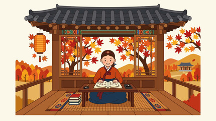Korean girl in Hanbok reading book in traditional pavilion during autumn