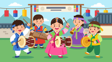 Children in Korean Hanbok Playing Traditional Music Instruments © jhon Ethes