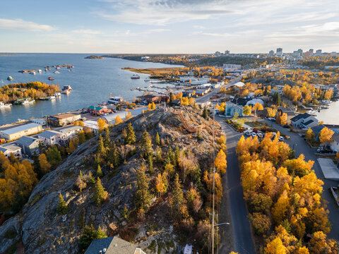 Aerial view of Yellowknife Bay and Old Town in Autumn. Yellowknife, Great Slave Lake, Northwest Territories, Canada.
