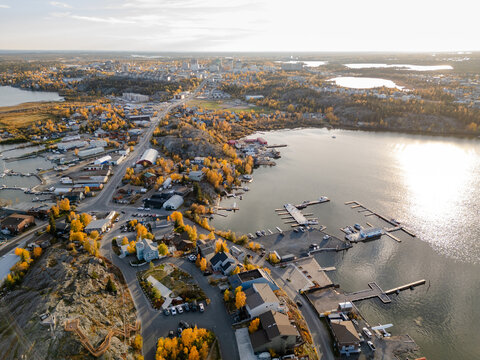 Aerial view of Yellowknife Bay and Old Town in Autumn. Yellowknife, Great Slave Lake, Northwest Territories, Canada.
