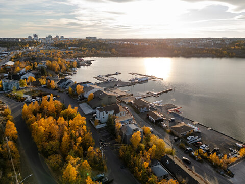 Aerial view of Yellowknife Bay and Old Town in Autumn. Yellowknife, Great Slave Lake, Northwest Territories, Canada.