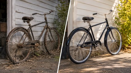 Fototapeta premium Neglected black bicycle restored beside a sunny home