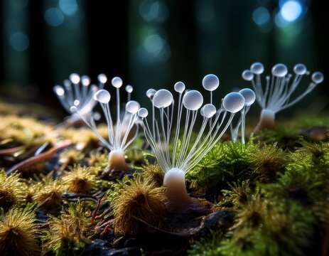 macro view of mycelium network on dark forest floor for nature and biology concepts