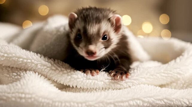 Baby Ferret Peeking Out From Folds of a Soft White Fleece Blanket with Tiny Paws Visible