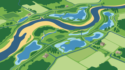 Obraz premium Isometric Vector Map of River Basin and Wetland Ecosystem